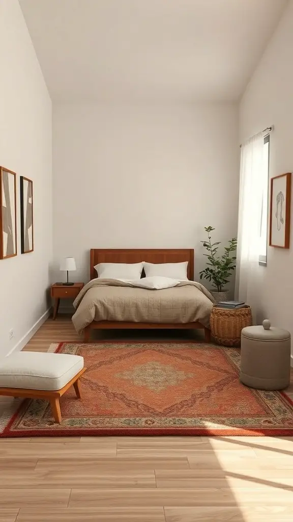 27+ Creative Small Rectangular Bedroom Ideas to Maximize Space 10 A small rectangular bedroom featuring a bed, a decorative rug, and minimalistic furniture.