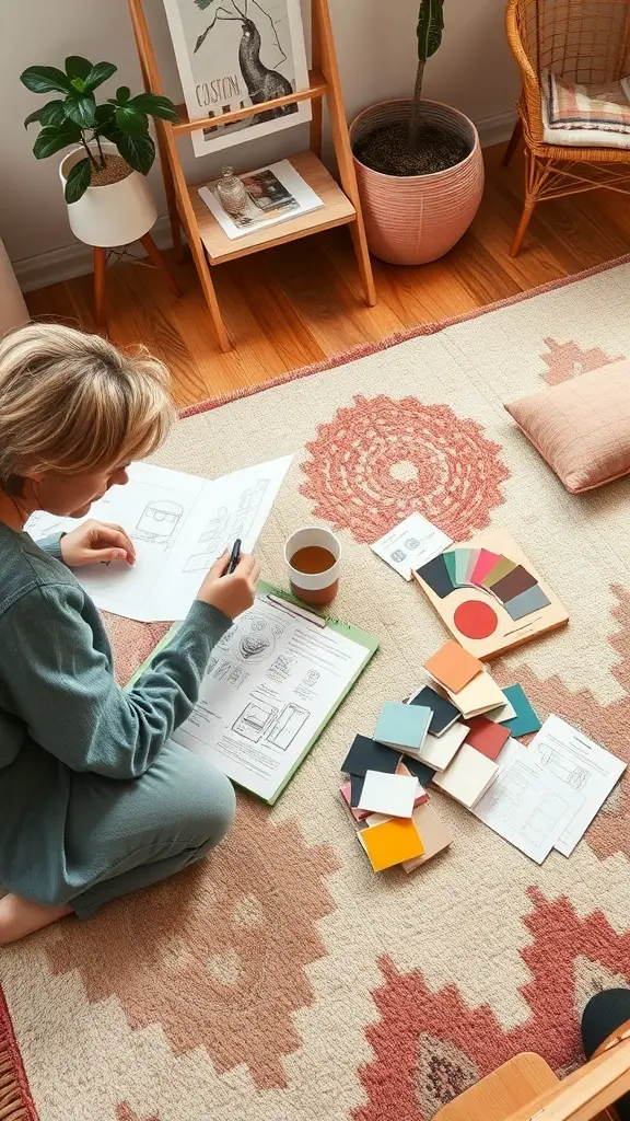 31+ Stunning Tufted Rug Designs You’ll Love 6 A person designing a custom tufted rug with color swatches and sketches.