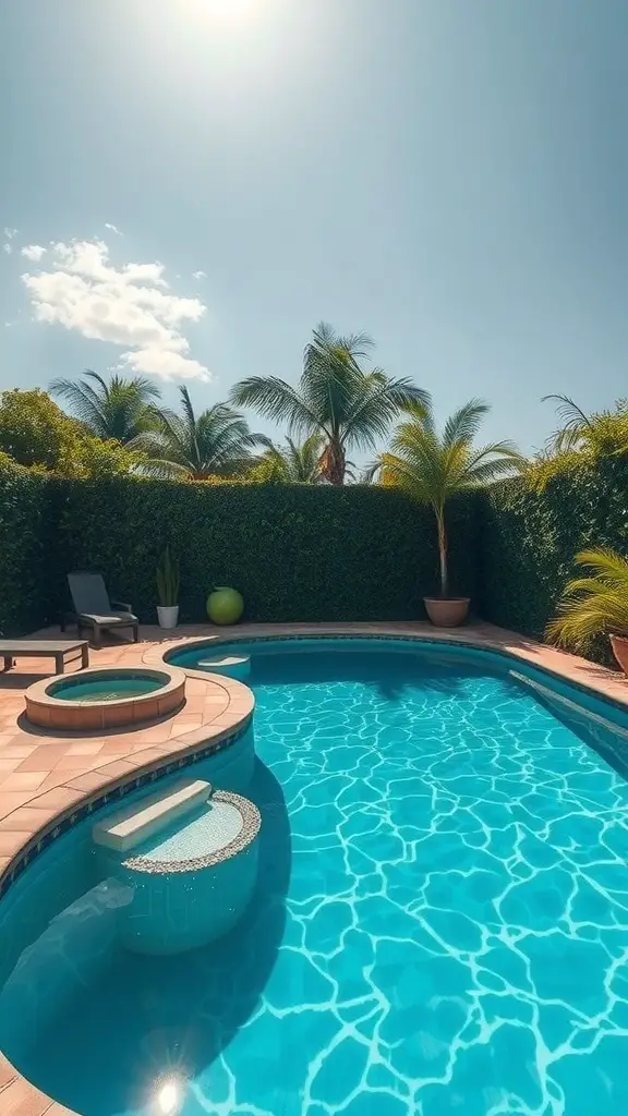 A uniquely shaped private pool with a spa area, surrounded by palm trees and greenery.