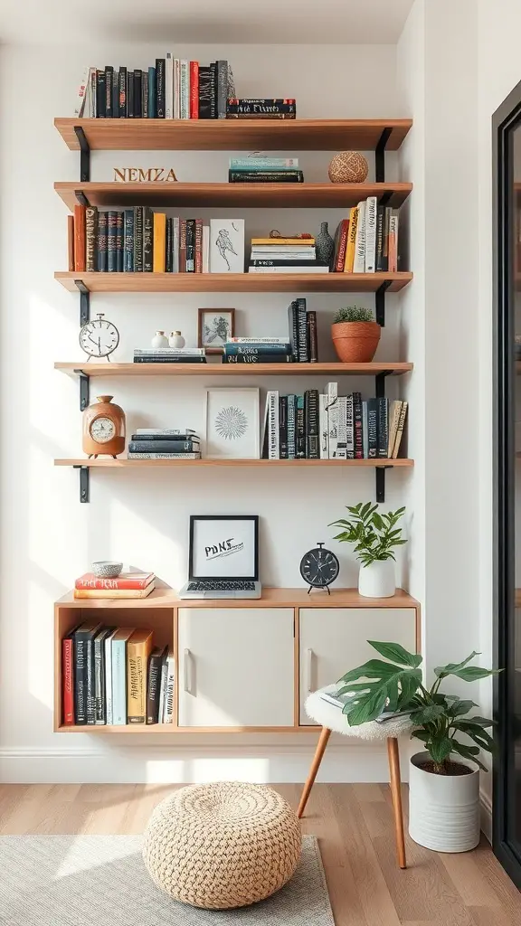 29+ Budget-Friendly Small Room Ideas to Maximize Space 6 A stylish shelving unit with books, plants, and decorative items in a small room.
