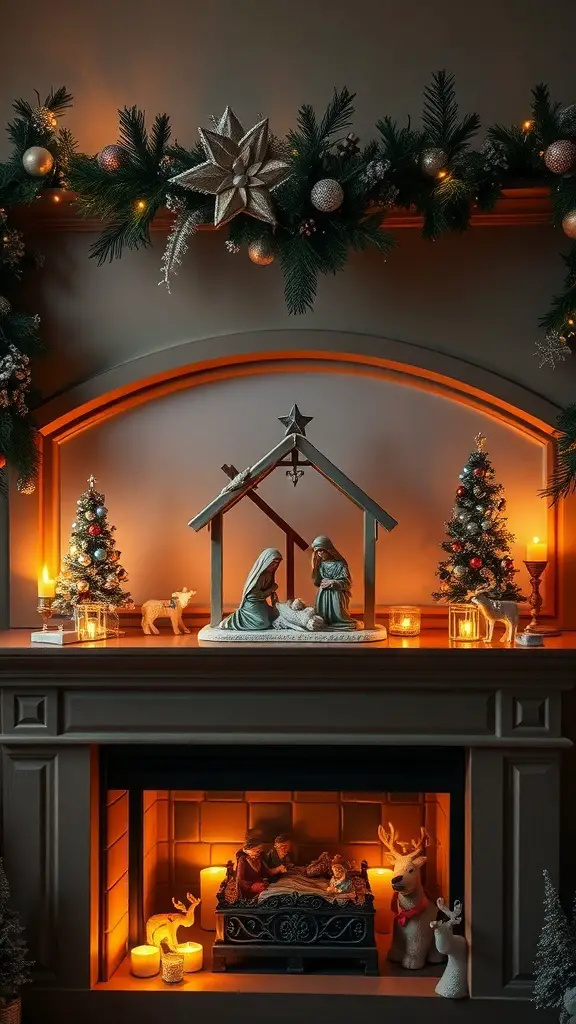 A traditional nativity scene displayed on a fireplace mantel, surrounded by festive decorations and candles.