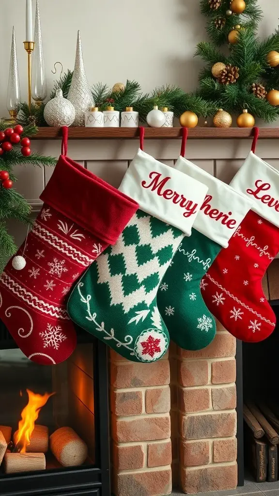 Four personalized Christmas stockings hanging on a fireplace mantel, decorated with festive elements.