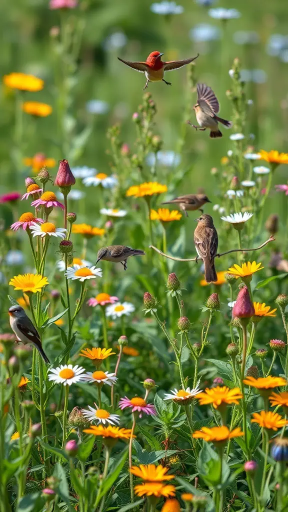 27+ Stunning Wildflower Landscaping Ideas for Your Garden 10 A colorful wildflower garden with various flowers and birds flying around.