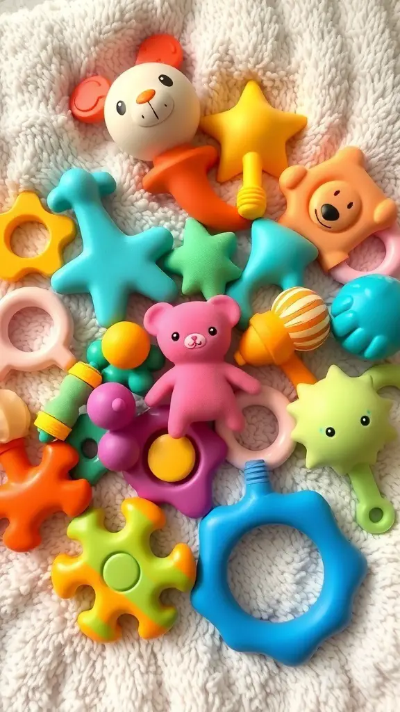 A colorful assortment of baby teething toys on a soft blanket.