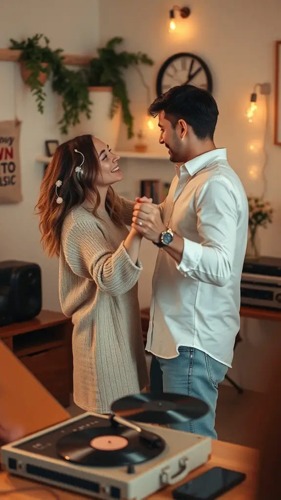 A couple dancing together in a cozy room with a record player, enjoying music.