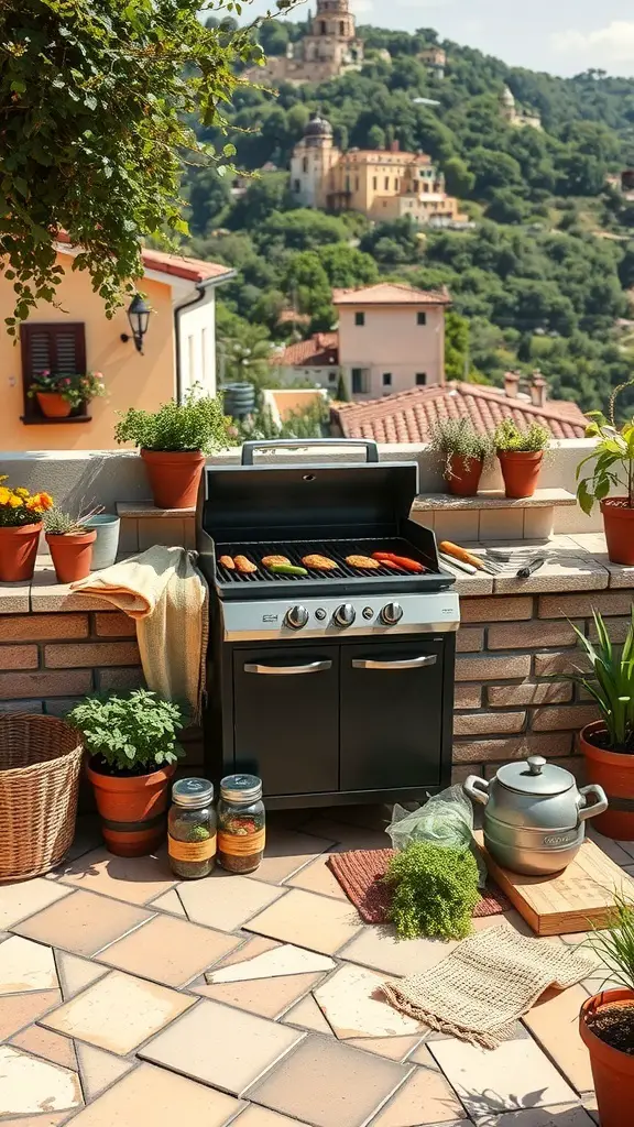 27+ Stunning Italian Terrace Ideas for Your Outdoor Escape 9 Outdoor cooking space with a grill, plants, and a scenic view