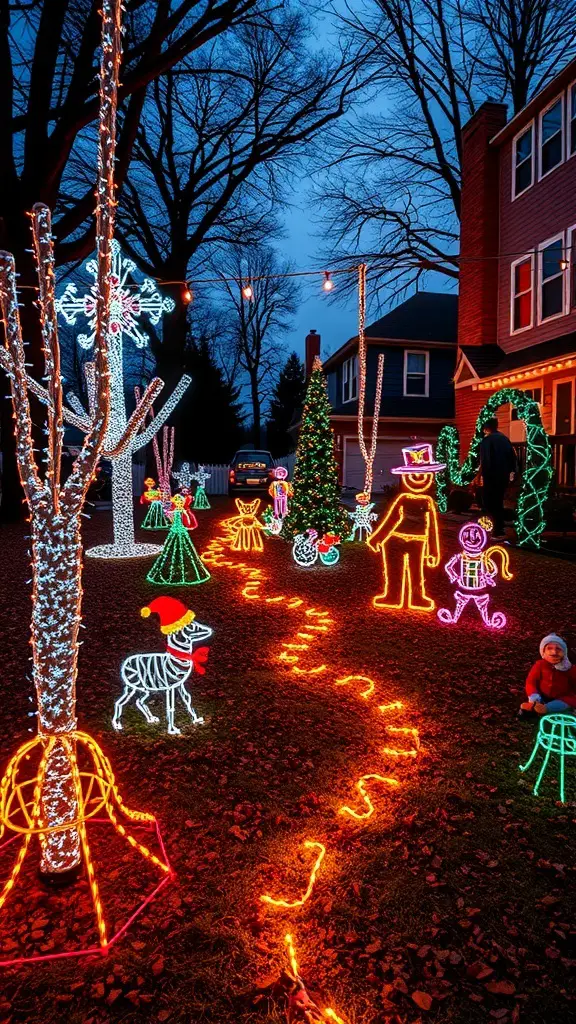 Colorful interactive light-up yard decorations for Christmas, featuring snowmen, trees, and a playful path.