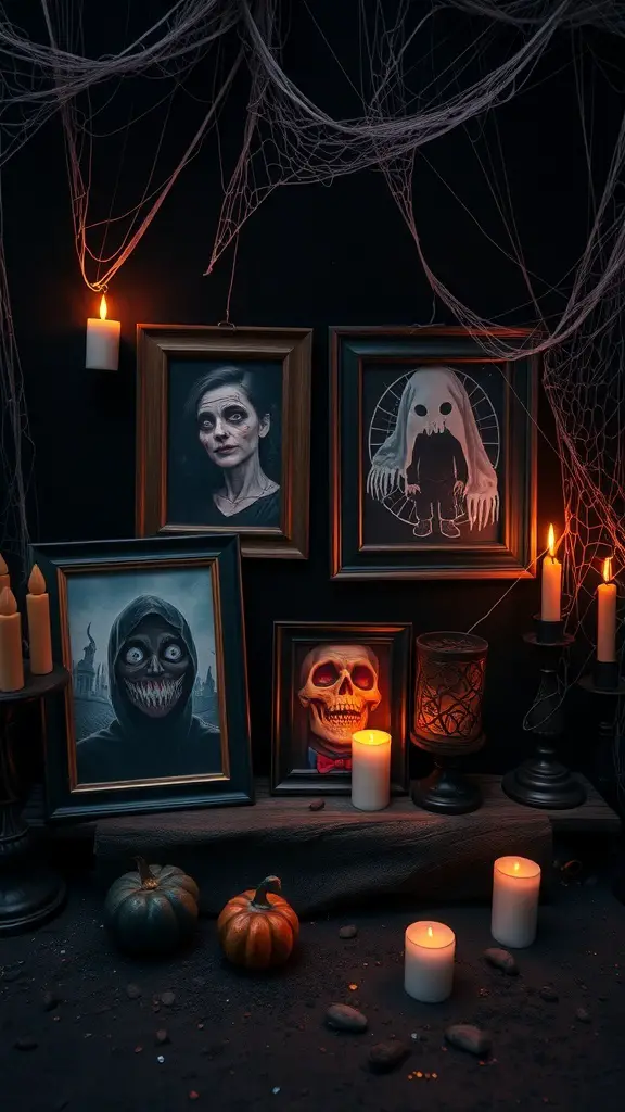 A collection of spooky photo frames featuring creepy images, candles, and decorative pumpkins.