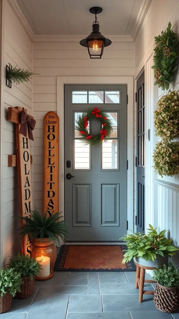 A cozy entryway with rustic wooden signs, a wreath, and greenery, creating a warm holiday atmosphere.