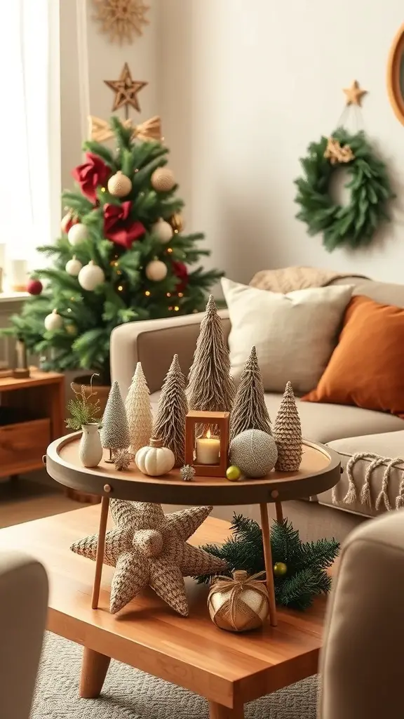 A cozy living room decorated for Christmas with a tree and DIY ornaments on the coffee table.