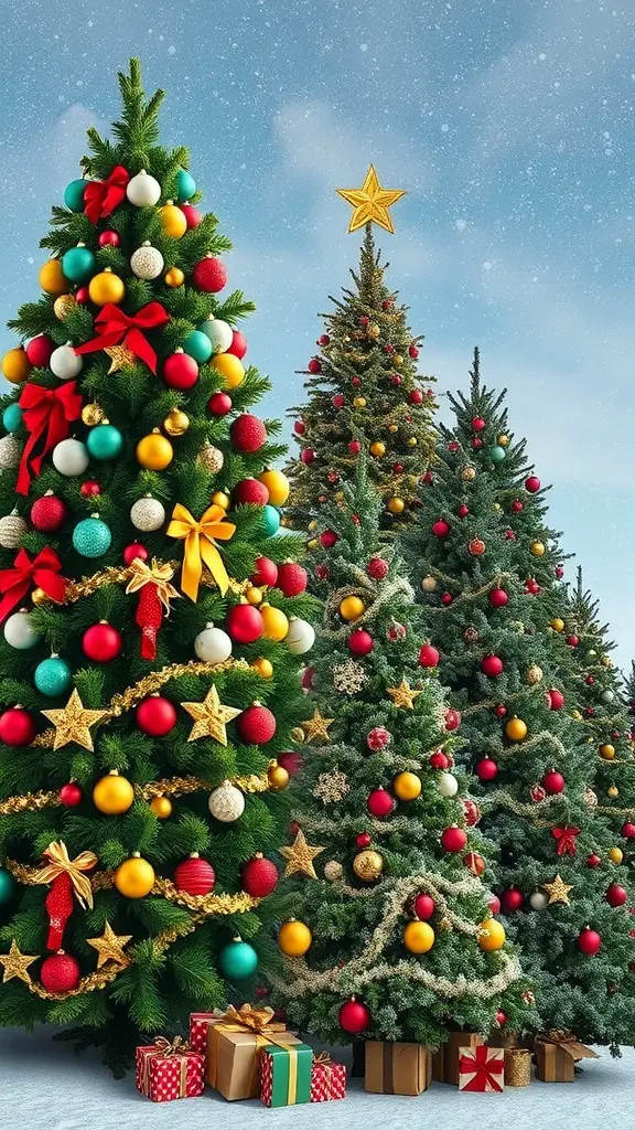 Three beautifully decorated Christmas trees with colorful ornaments and presents underneath.