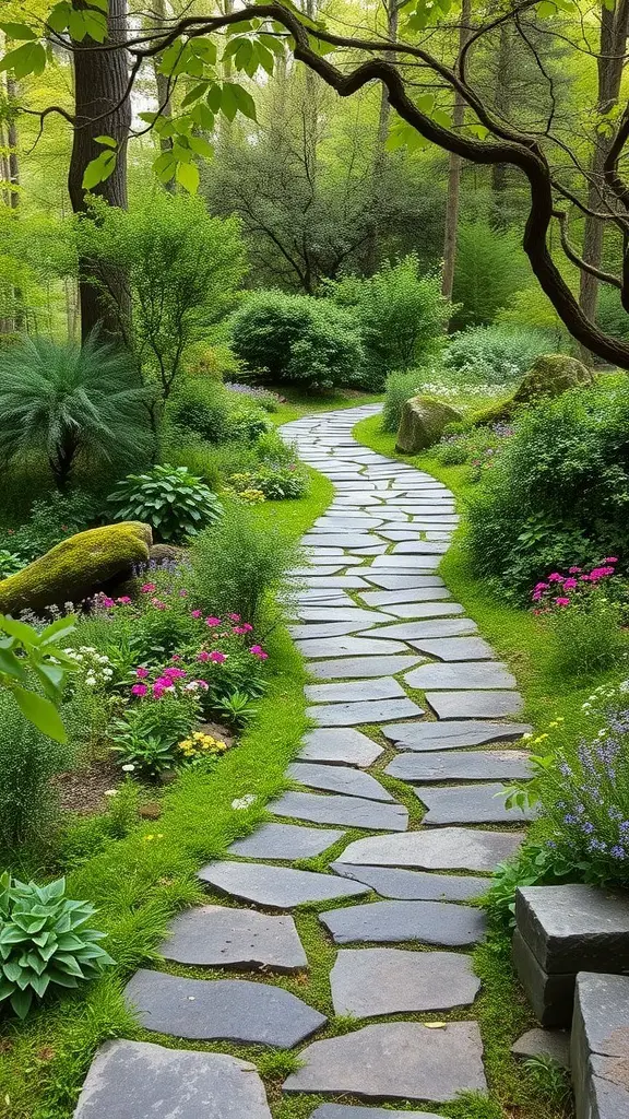 A winding stone pathway surrounded by lush greenery and colorful flowers in a woodland garden.