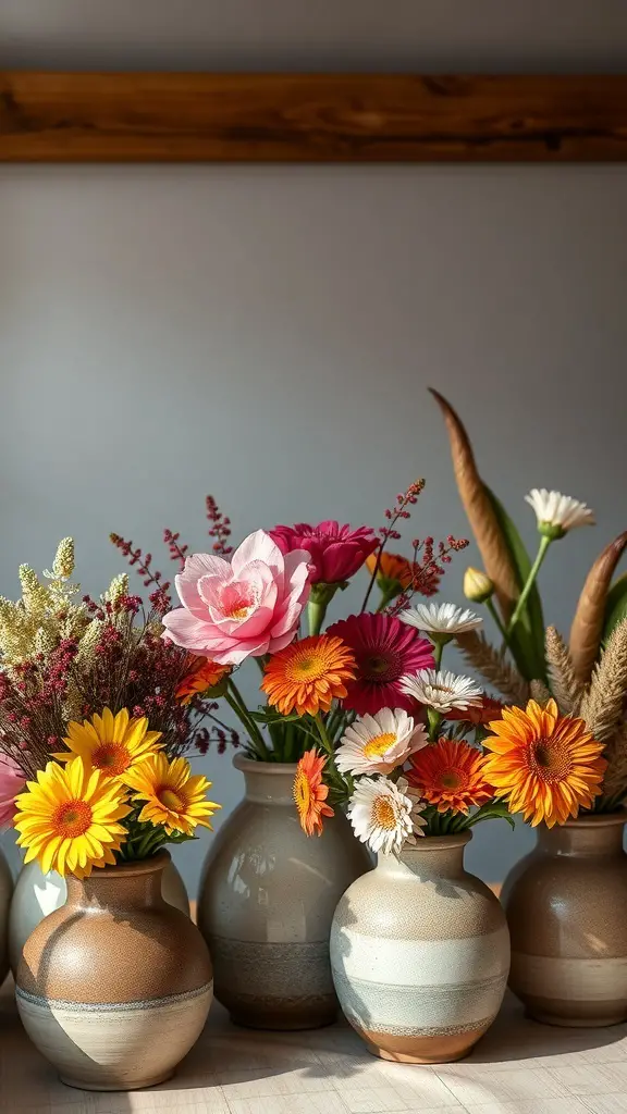 A collection of vases filled with seasonal flowers in earthy tones, showcasing a boho style.