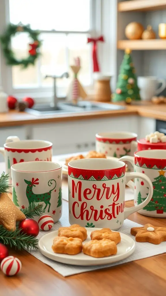 A cozy kitchen scene featuring hand-painted Christmas mugs with festive designs, cookies, and holiday decorations.