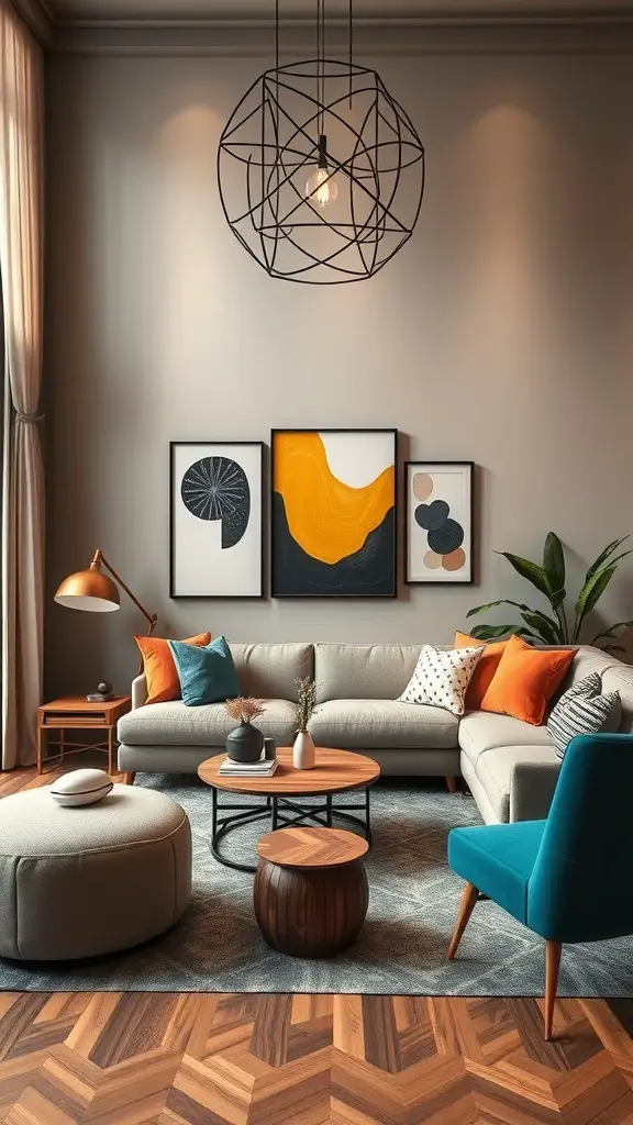 A modern living room with artistic decor, featuring a stylish sofa, colorful cushions, and geometric artwork.