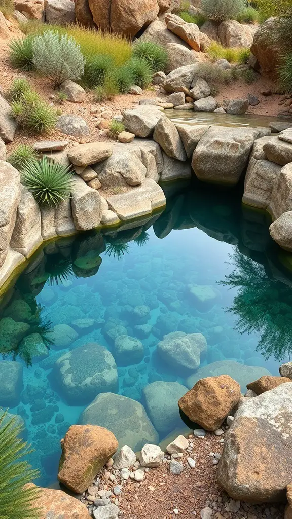 29+ Stunning Resort Pool Designs to Inspire Your Backyard Oasis 15 A serene natural lagoon pool surrounded by rocks and greenery.