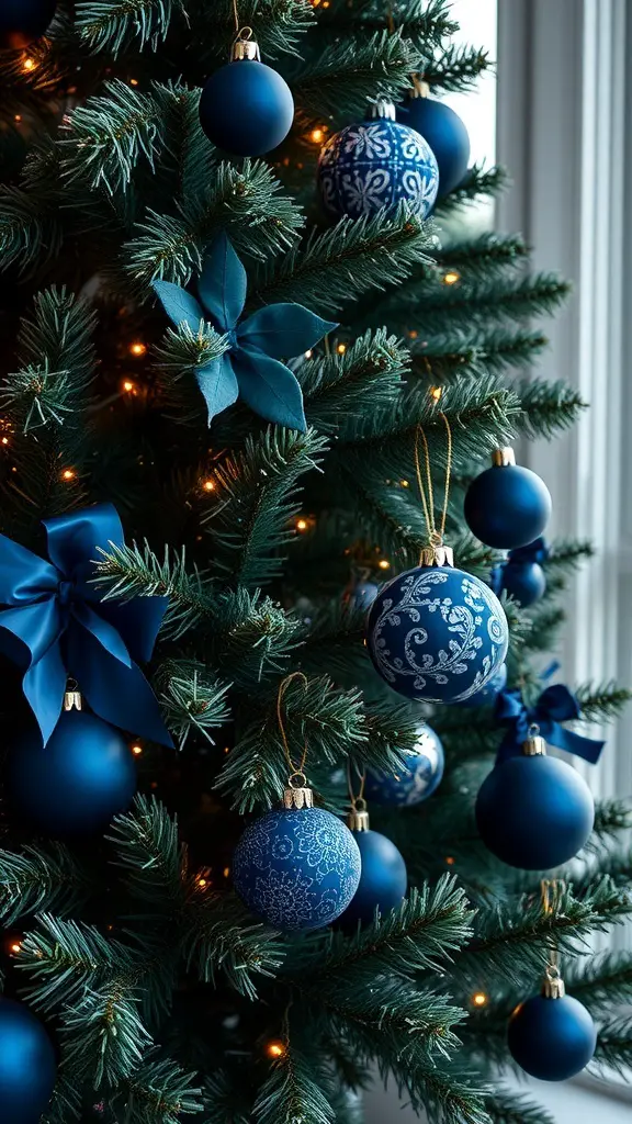 A navy blue Christmas tree decorated with various ornaments and bows.