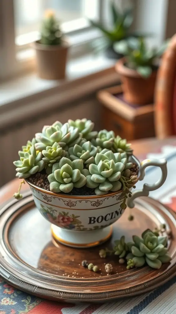 A vintage teacup filled with various succulent plants, placed on a wooden tray.