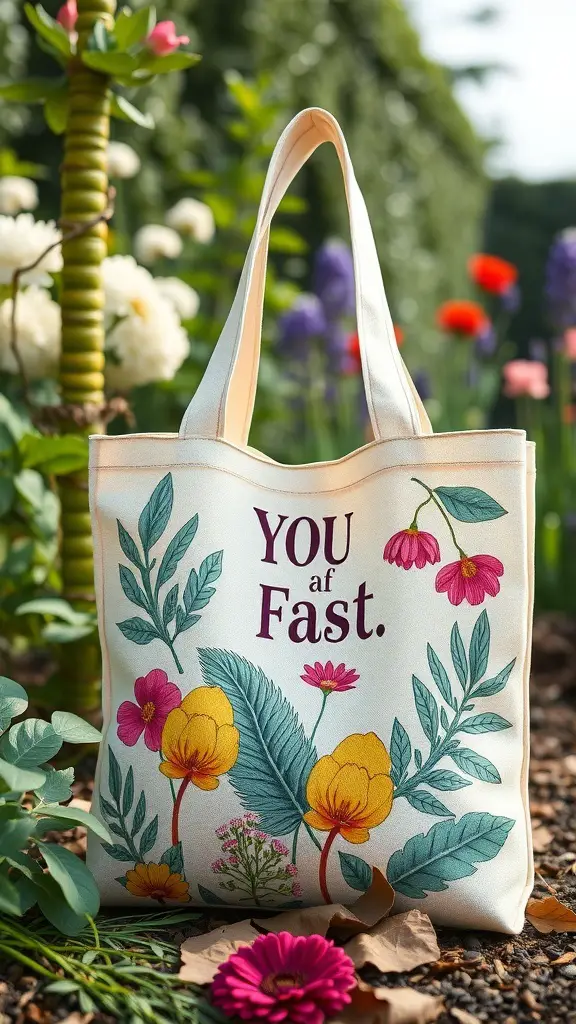 27+ Creative Tote Bag Painting Ideas You’ll Love 14 A tote bag with colorful botanical prints featuring flowers and leaves.