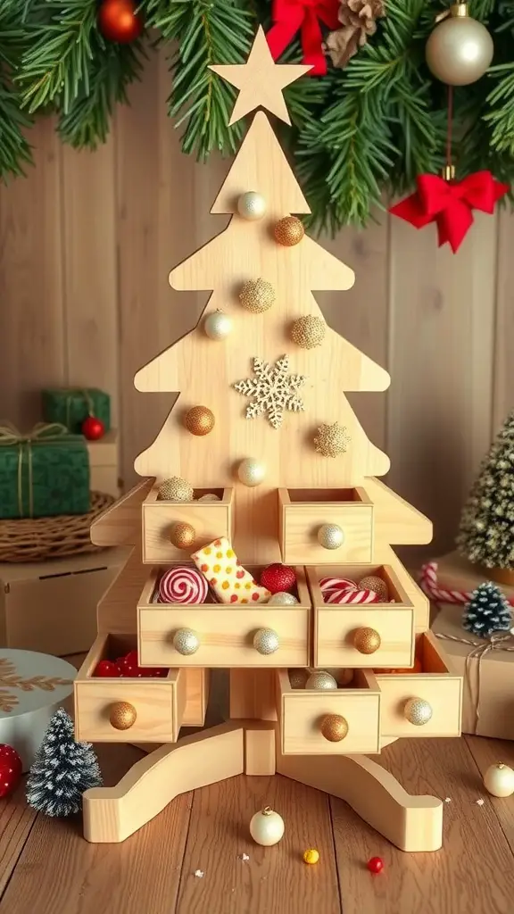 Wooden Christmas tree with drawers, decorated with ornaments and filled with candies.