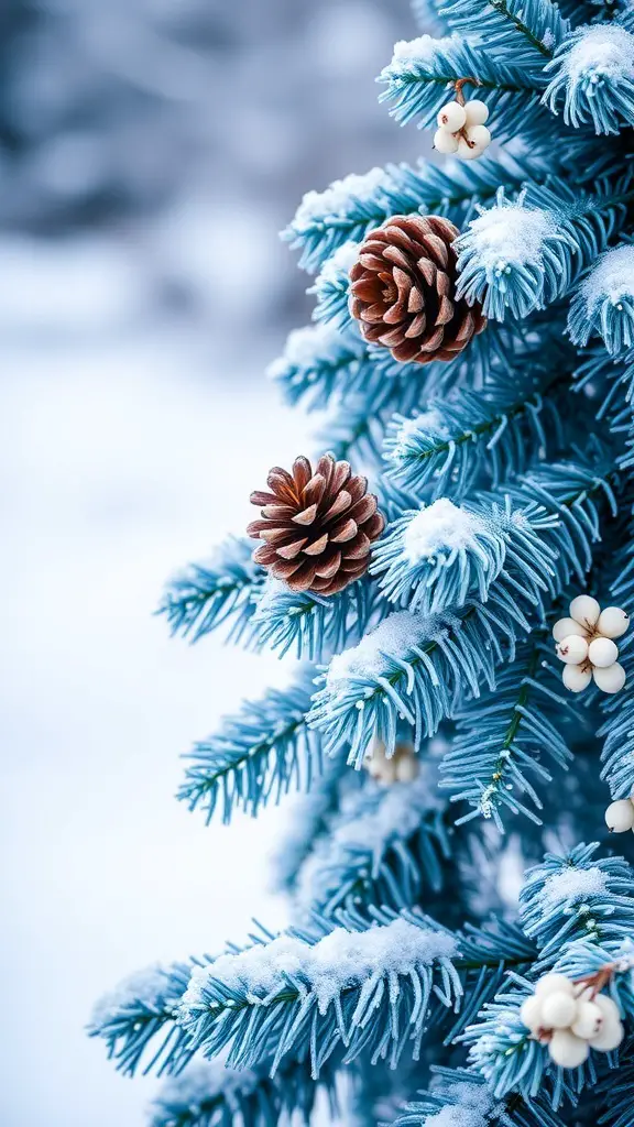 Close-up of a blue Christmas tree with frosted pinecones and white berries