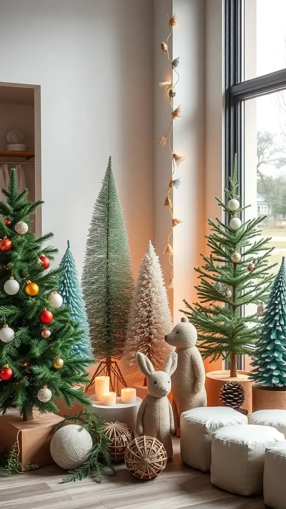 A cozy corner with various Christmas trees, soft toys, and natural decor elements.