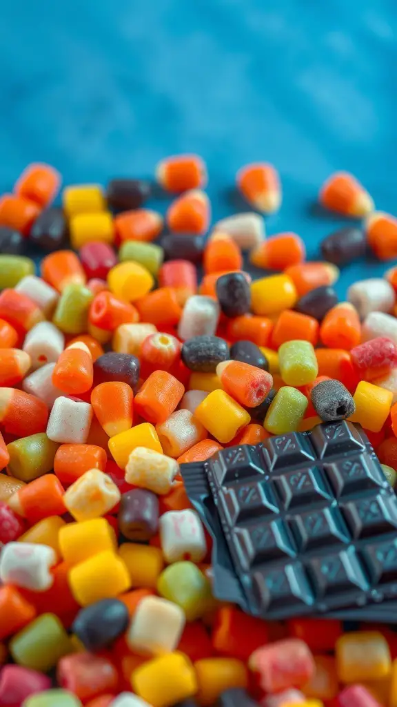 Colorful assortment of classic 90s Halloween candies including candy corn and chocolate.