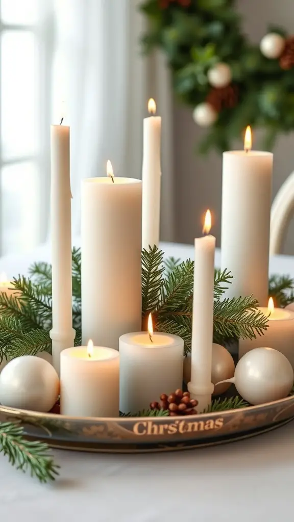 An artistic arrangement of white candles surrounded by pine branches and ornaments, creating a festive atmosphere.