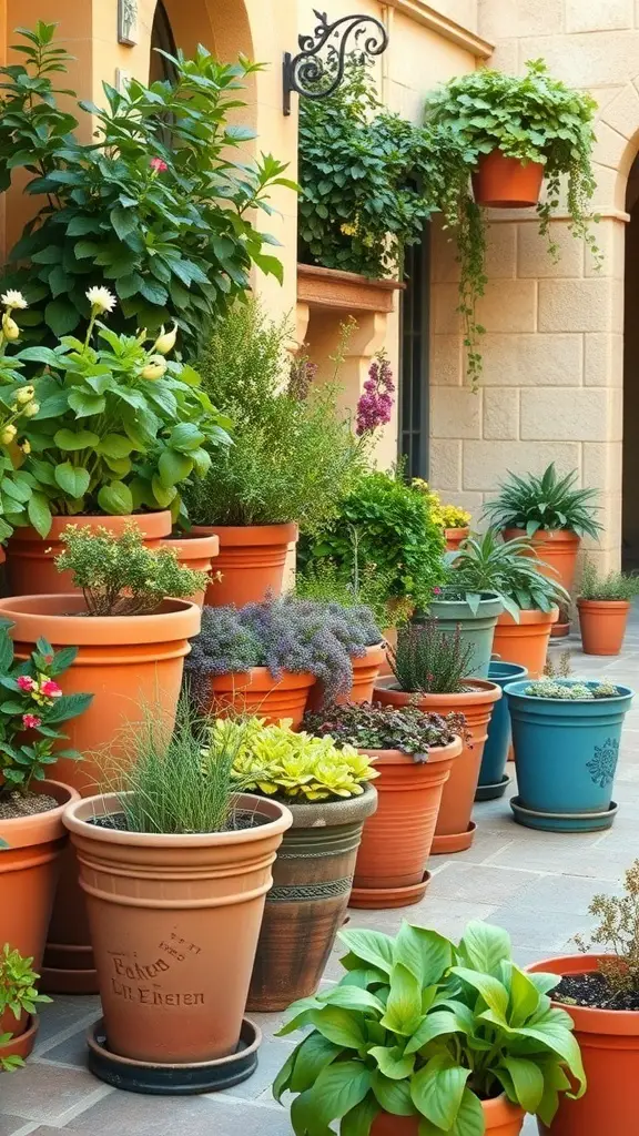 23+ Stunning Mediterranean Patio Ideas for Your Outdoor Oasis 7 A Mediterranean patio filled with colorful potted plants in various sizes and shapes.