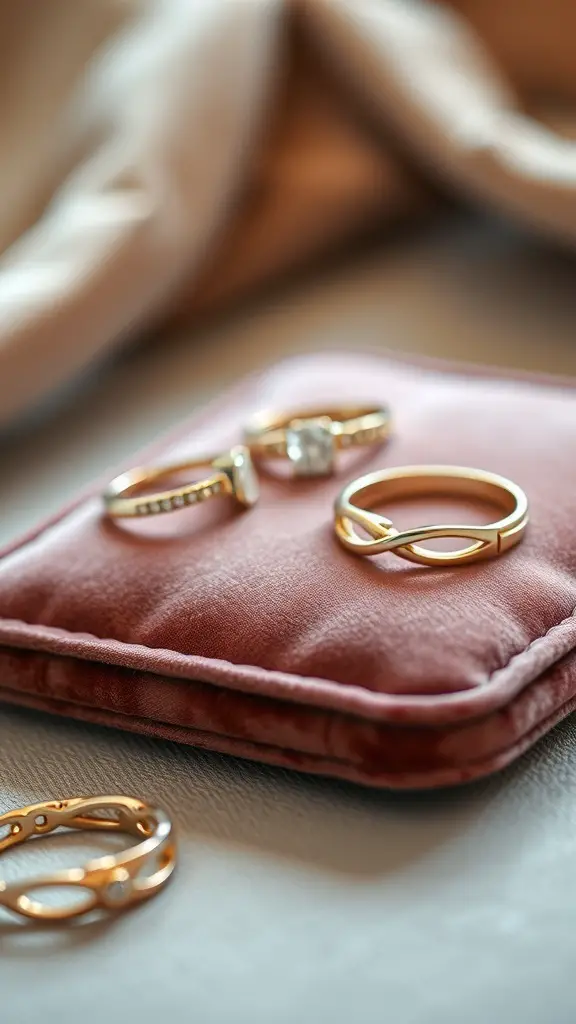 21+ Thoughtful Anniversary Gifts for Parents Celebrating 4 A collection of elegant rings on a plush surface, showcasing custom engraving options.