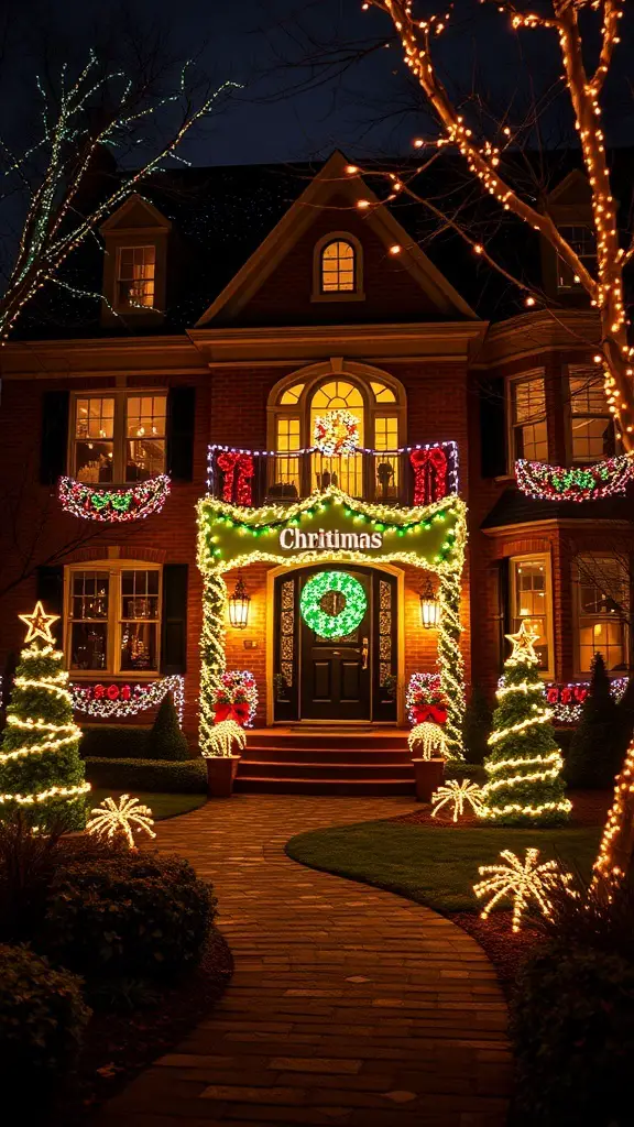 A beautifully decorated mansion for Christmas with vibrant outdoor lighting and festive decorations.