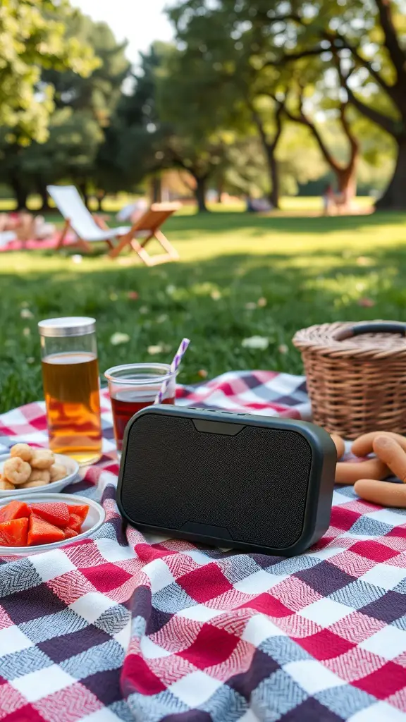 A portable Bluetooth speaker on a picnic blanket with food and drinks in a park setting.