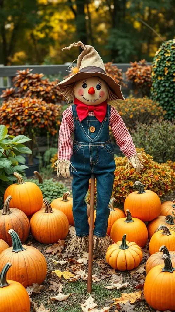 A cheerful scarecrow figure in a garden surrounded by pumpkins, embodying rustic Halloween decor.