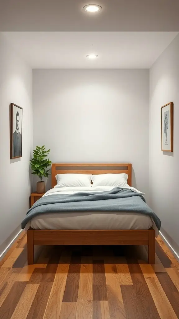 27+ Creative Small Rectangular Bedroom Ideas to Maximize Space 15 Small rectangular bedroom with a wooden bed, light bedding, and a green plant.
