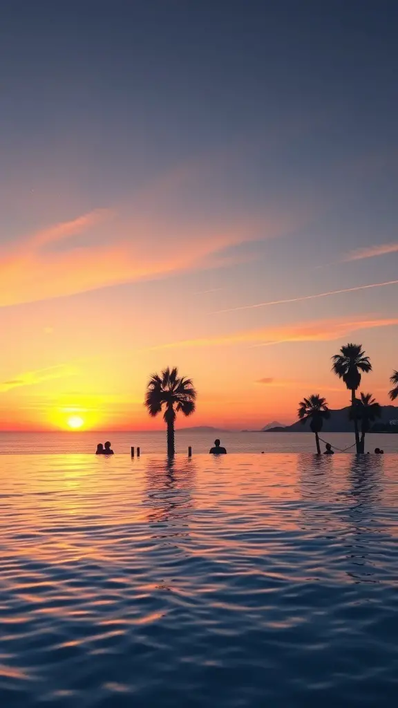 25+ Stunning Mediterranean Pool Designs to Enhance Your Outdoor Oasis 4 A beautiful sunset view from a Mediterranean pool with palm trees and people enjoying the water.