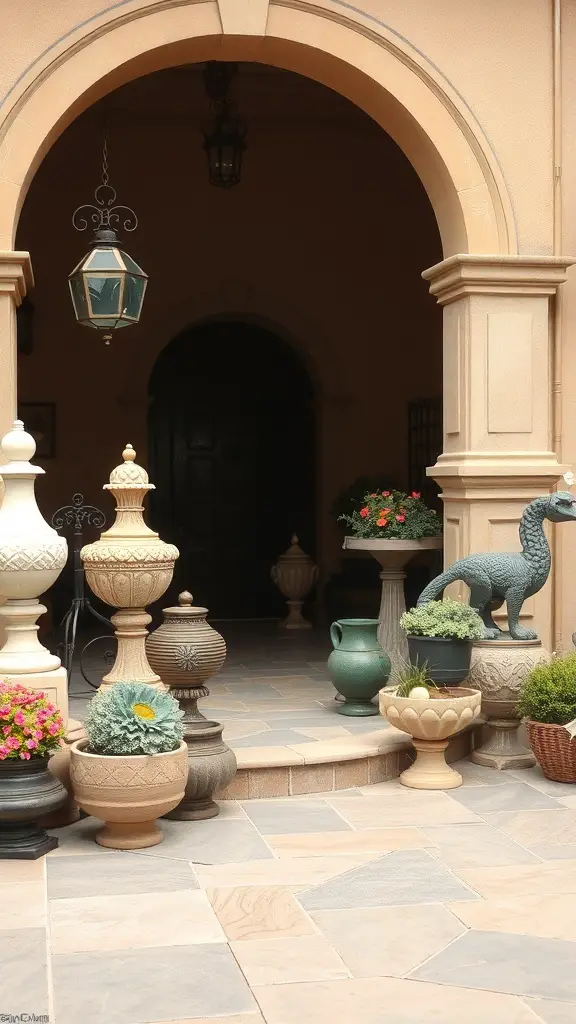 29+ Stunning Tuscan Patio Ideas for Your Outdoor Oasis 7 A Tuscan patio featuring various decorative pots and a whimsical sculpture.