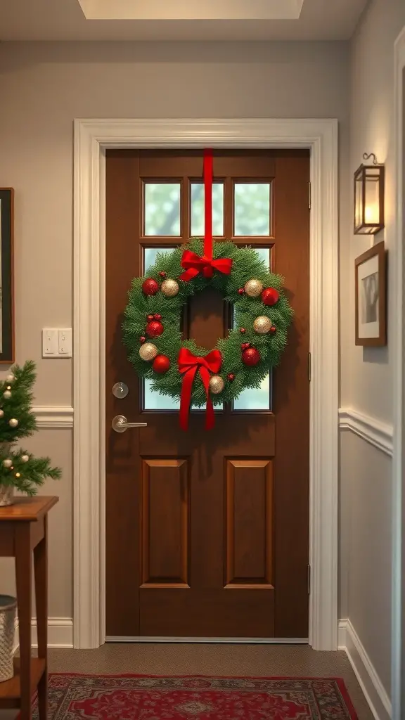 A beautifully decorated Christmas wreath on a wooden door