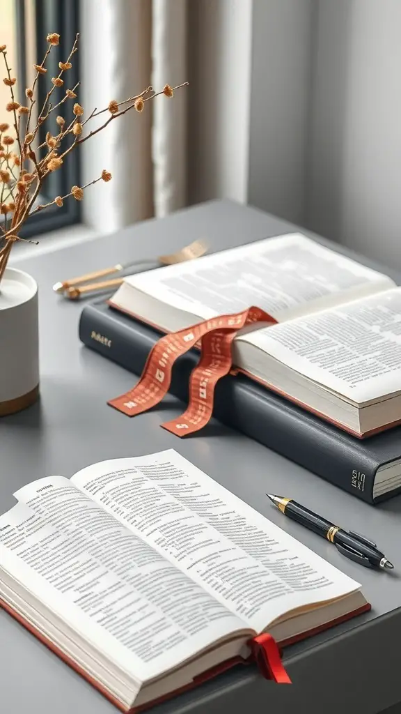 27+ Creative Fabric Bookmark Ideas to Elevate Your Reading Experience 10 A cozy reading setup featuring open books and stylish fabric bookmarks on a table.