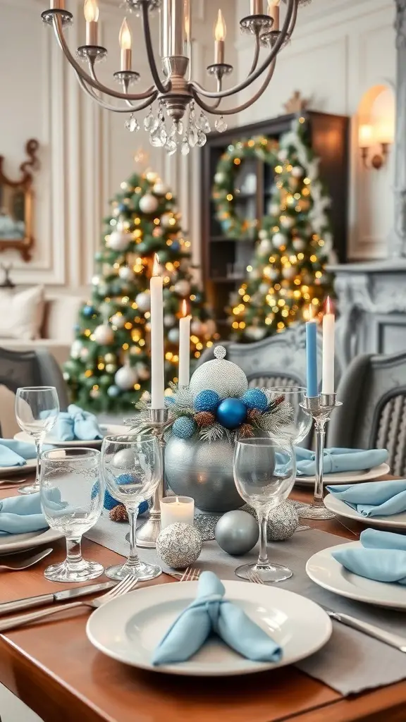 A beautifully decorated dining table with silver and blue accents, featuring a centerpiece of ornaments and candles, surrounded by Christmas trees.