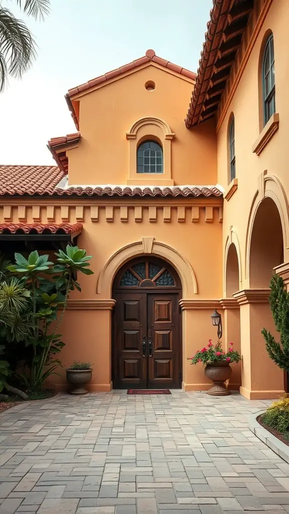 29+ Inspiring Spanish Revival Home Designs You’ll Love 9 Exterior view of a Spanish Revival home with wooden doors and red-tiled roof