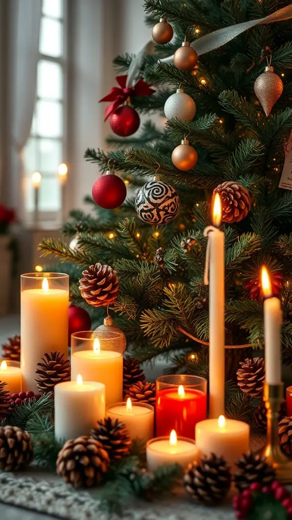 A decorated Christmas tree surrounded by lit candles and pinecones.