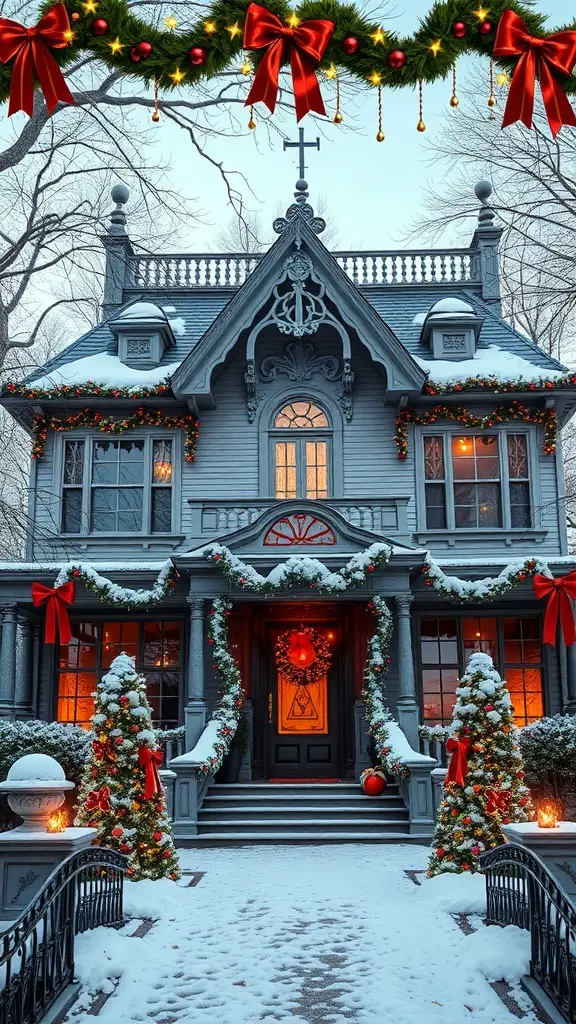 Victorian style mansion decorated for Christmas with snow and festive ornaments