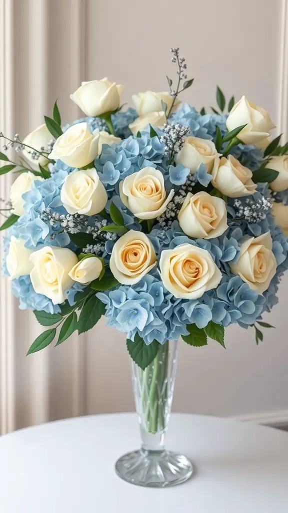 A floral arrangement featuring blue hydrangeas and cream roses in a clear glass vase.