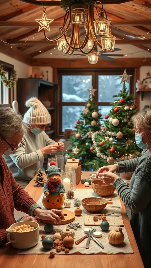 People crafting decorations for a Yule tree in a cozy workshop setting