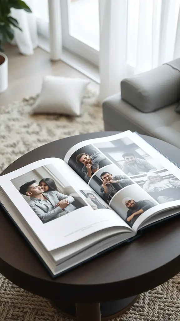 A personalized photo book open on a coffee table, showcasing happy moments.