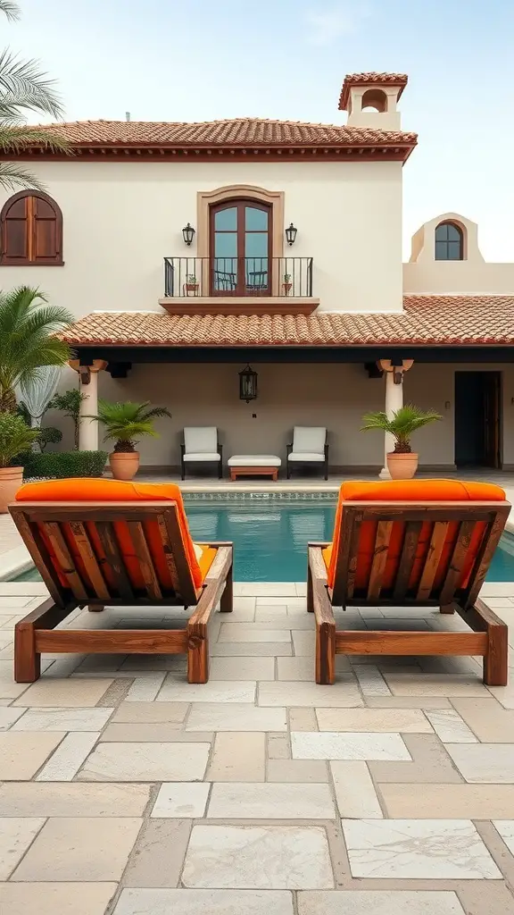23+ Stunning Spanish Style Pool Designs to Inspire Your Backyard Oasis 7 Traditional wooden poolside loungers with orange cushions by a Spanish-style pool