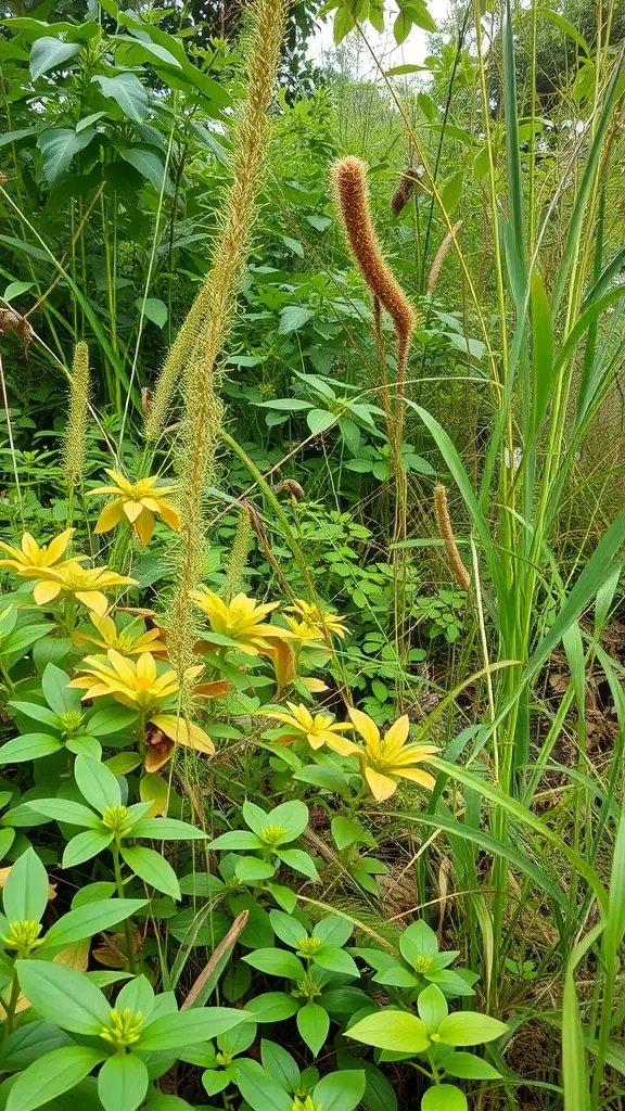 33+ Fascinating Wild Plants You Can Discover Today 15 A diverse wild plant ecosystem featuring tall grasses and colorful flowering plants.