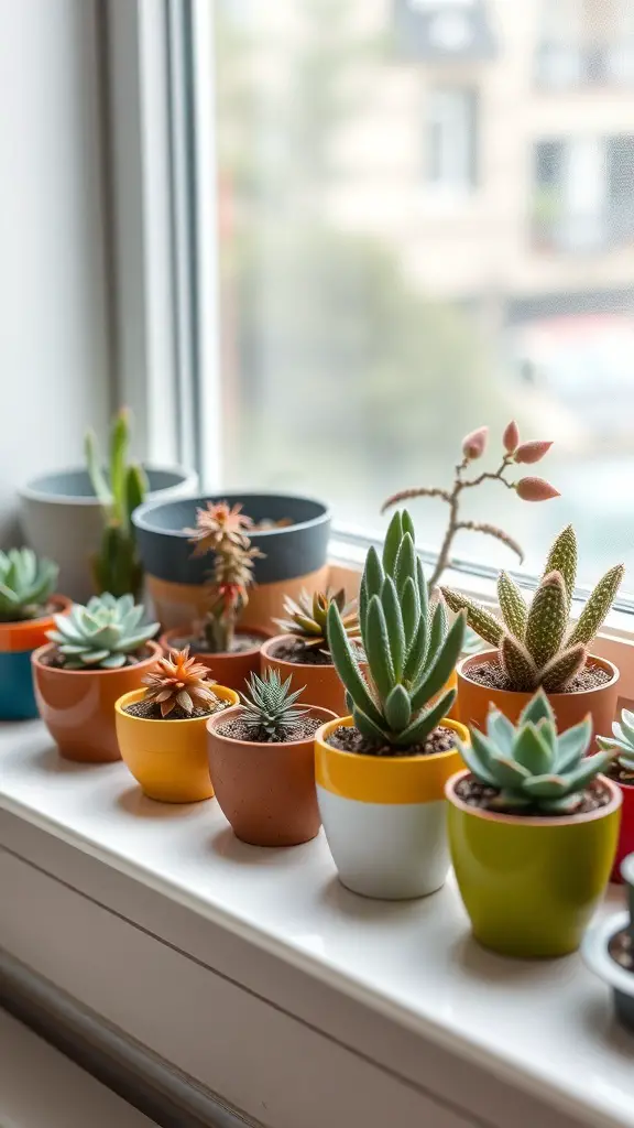 29+ Creative Succulent Pot Ideas You’ll Love 2 A collection of mini succulent pots in various colors on a windowsill.