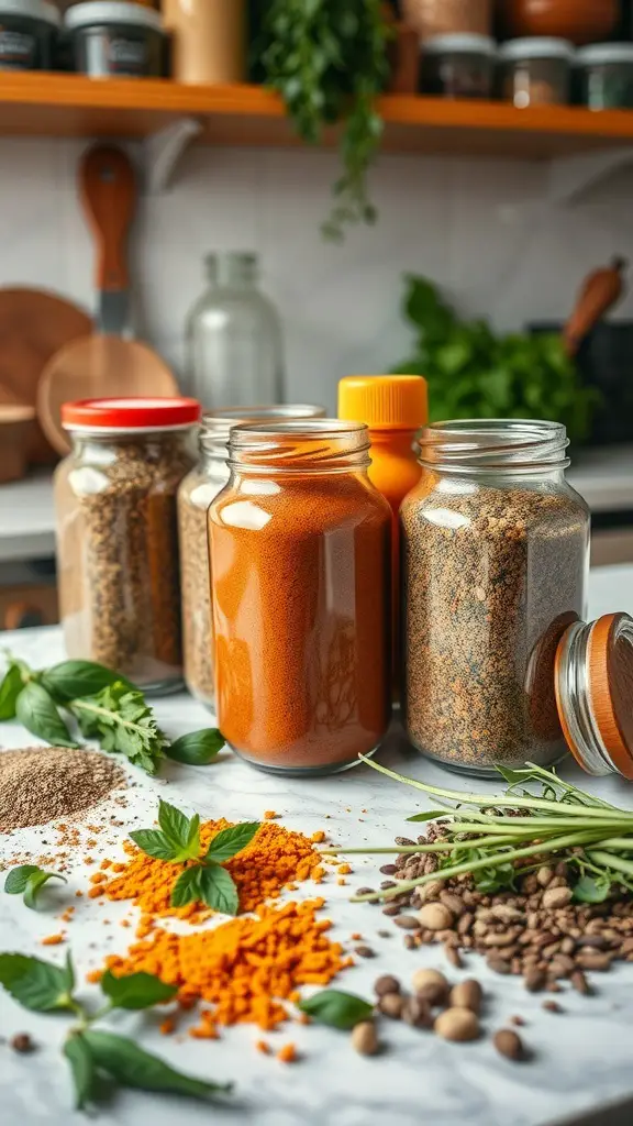 Jars of various spices and herbs on a kitchen counter
