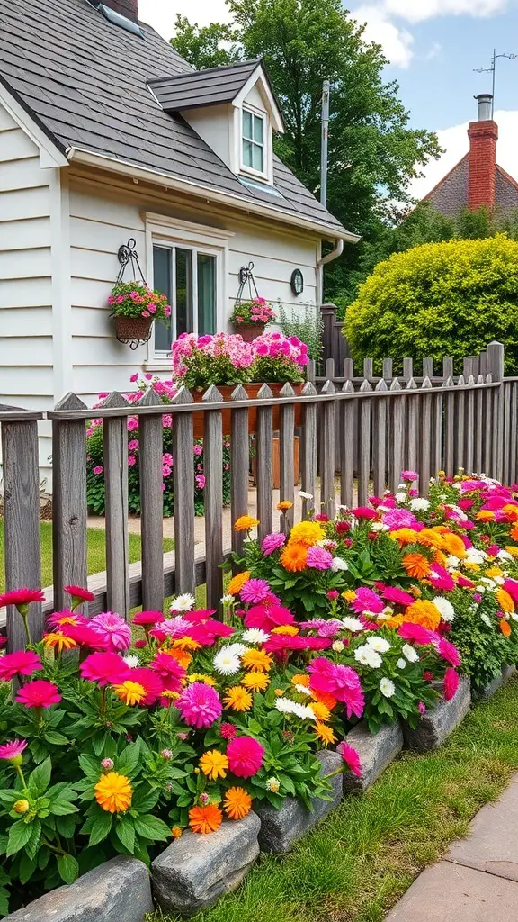 Colorful flower beds in front of a cottage-style house with a wooden fence.